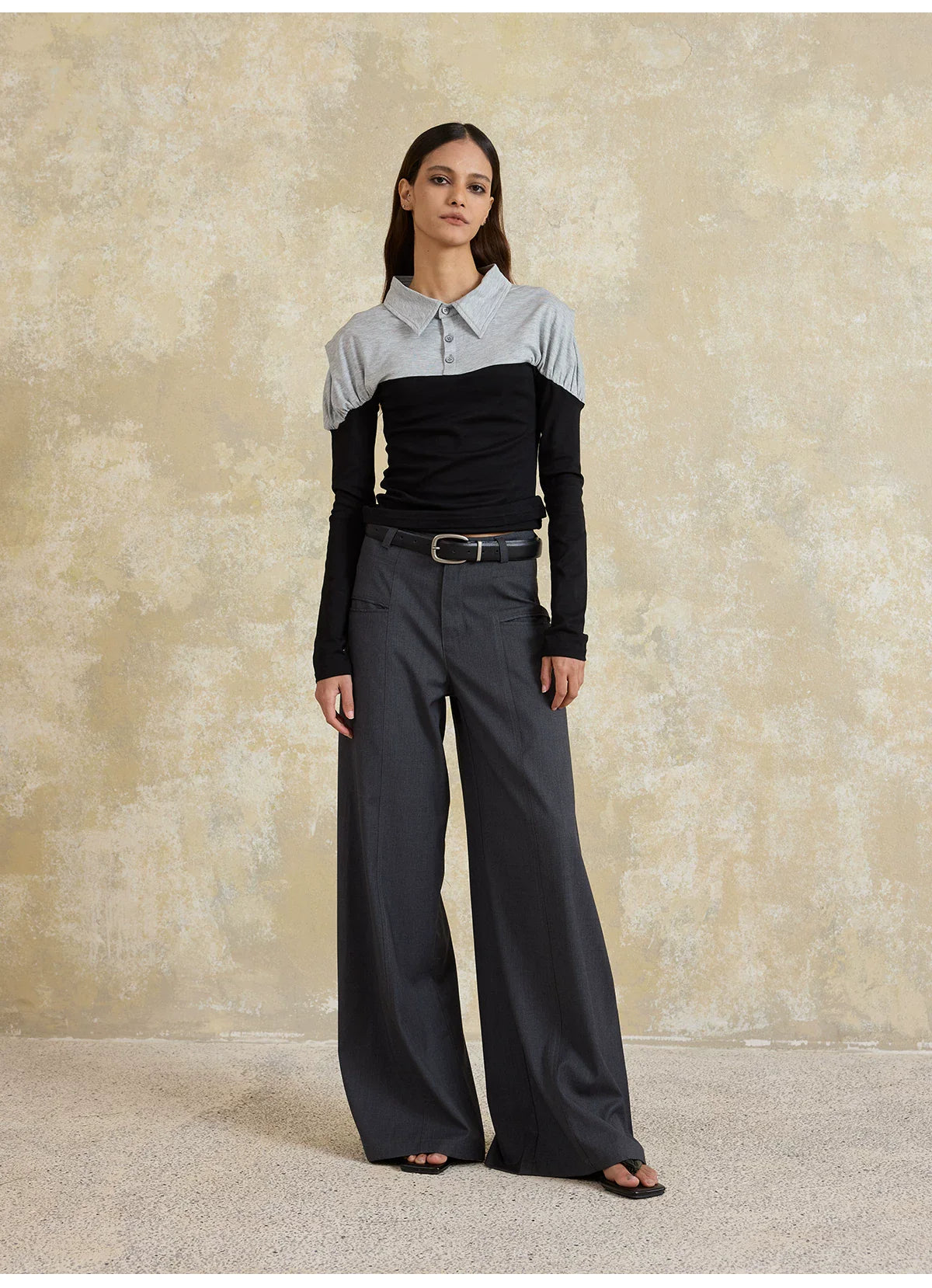 RELAXED GRAY PLEATED WIDE-LEG PANTS