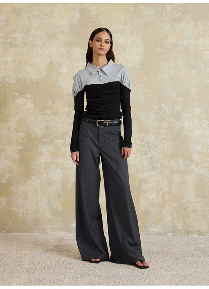 RELAXED GRAY PLEATED WIDE-LEG PANTS