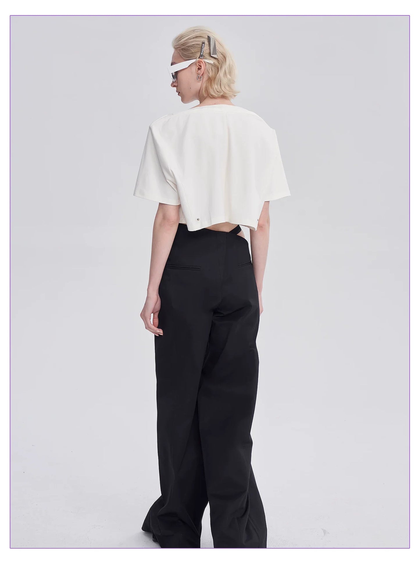DIAGONAL-WAIST WIDE-LEG PANTS