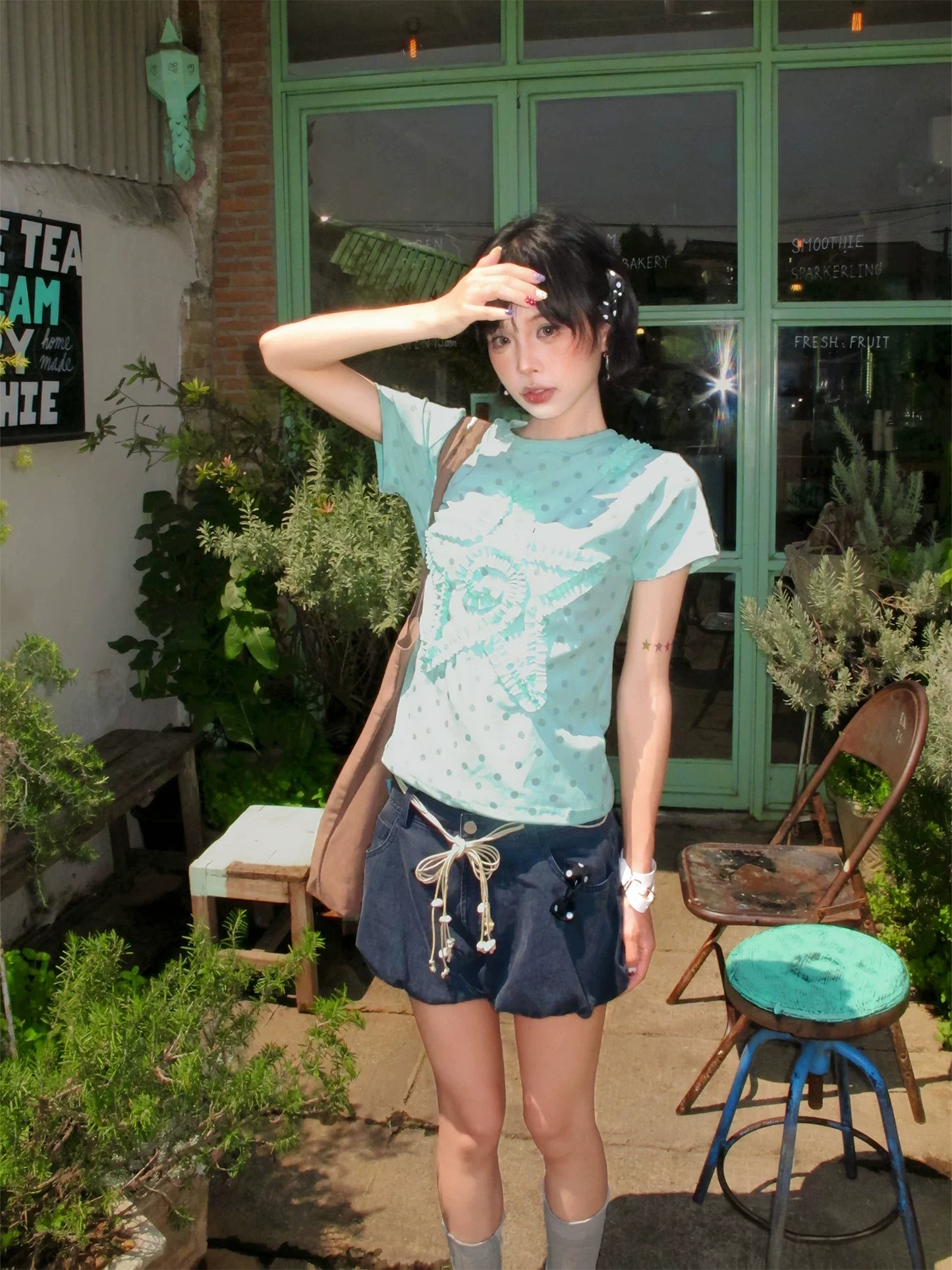 ORANGE POLKA DOT RUFFLE T-SHIRT