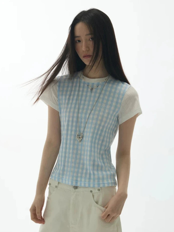 PLAID SPLICING SHORT SLEEVE TOP