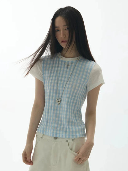 PLAID SPLICING SHORT SLEEVE TOP