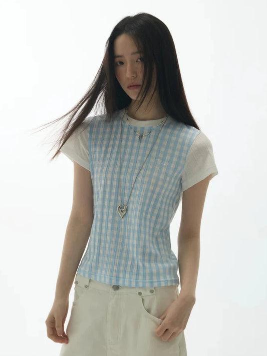 PLAID SPLICING SHORT SLEEVE TOP