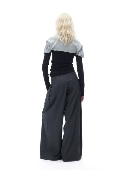 RELAXED GRAY PLEATED WIDE-LEG PANTS