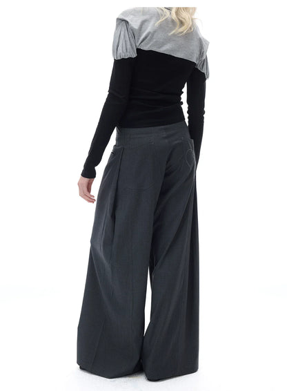 RELAXED GRAY PLEATED WIDE-LEG PANTS