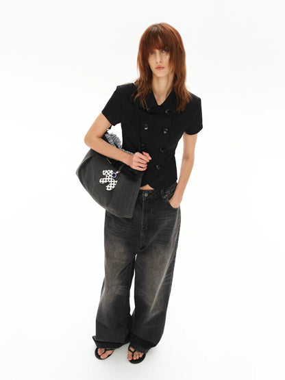 CHECKERED PANEL TROUSERS WITH TOTE