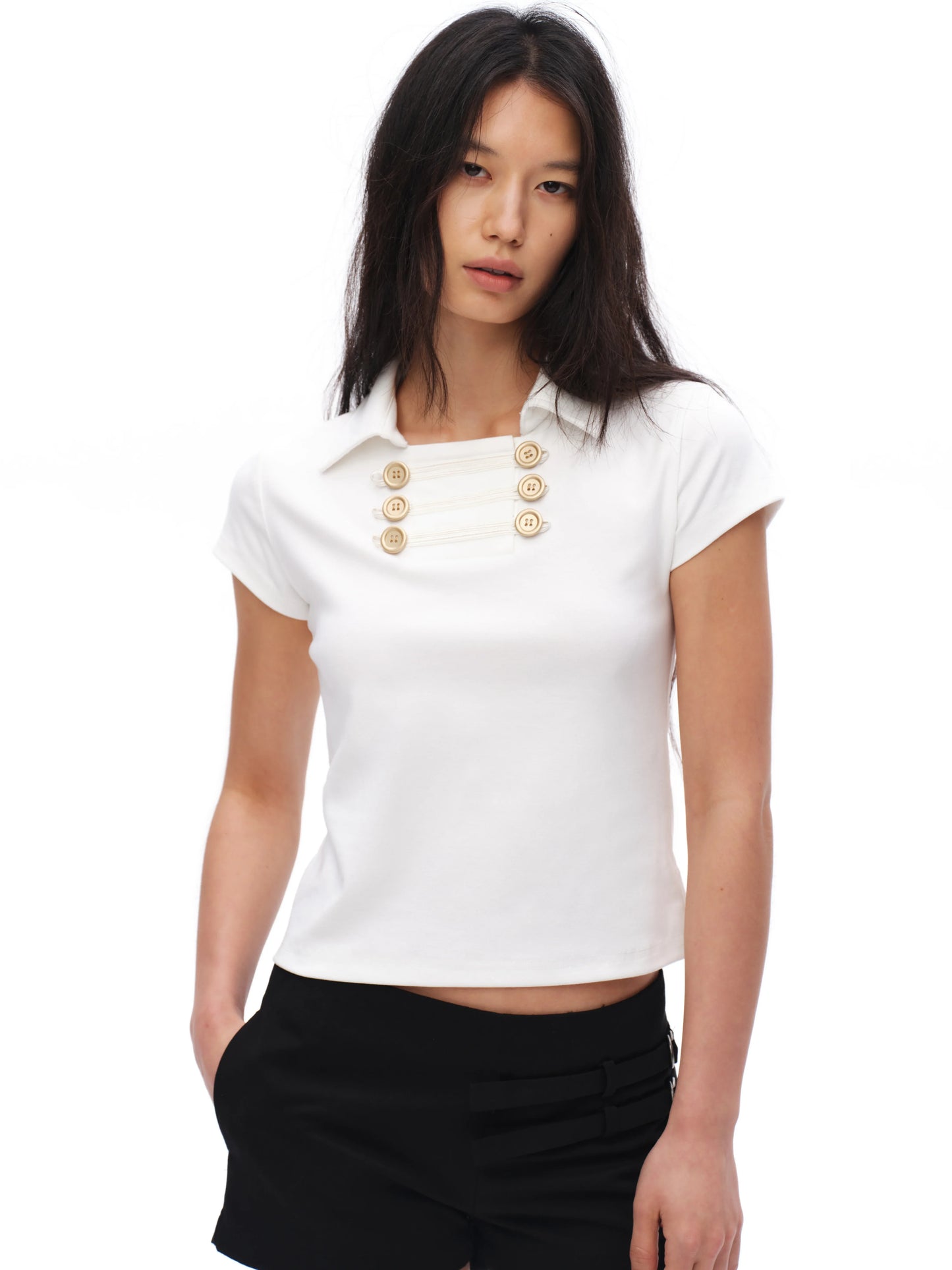 NAVY DOUBLE BREASTED LAPEL TEE
