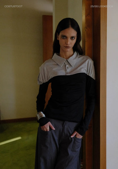RELAXED GRAY PLEATED WIDE-LEG PANTS