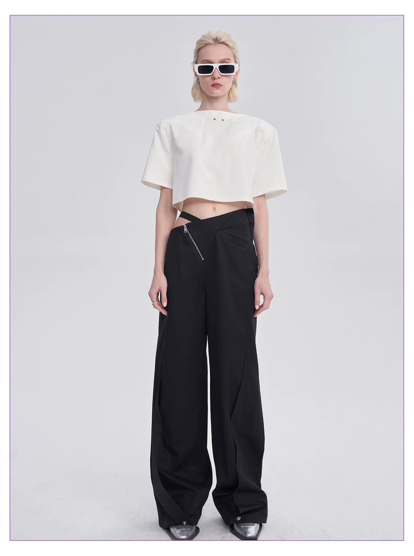 DIAGONAL-WAIST WIDE-LEG PANTS