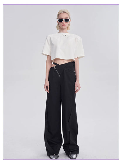 DIAGONAL-WAIST WIDE-LEG PANTS