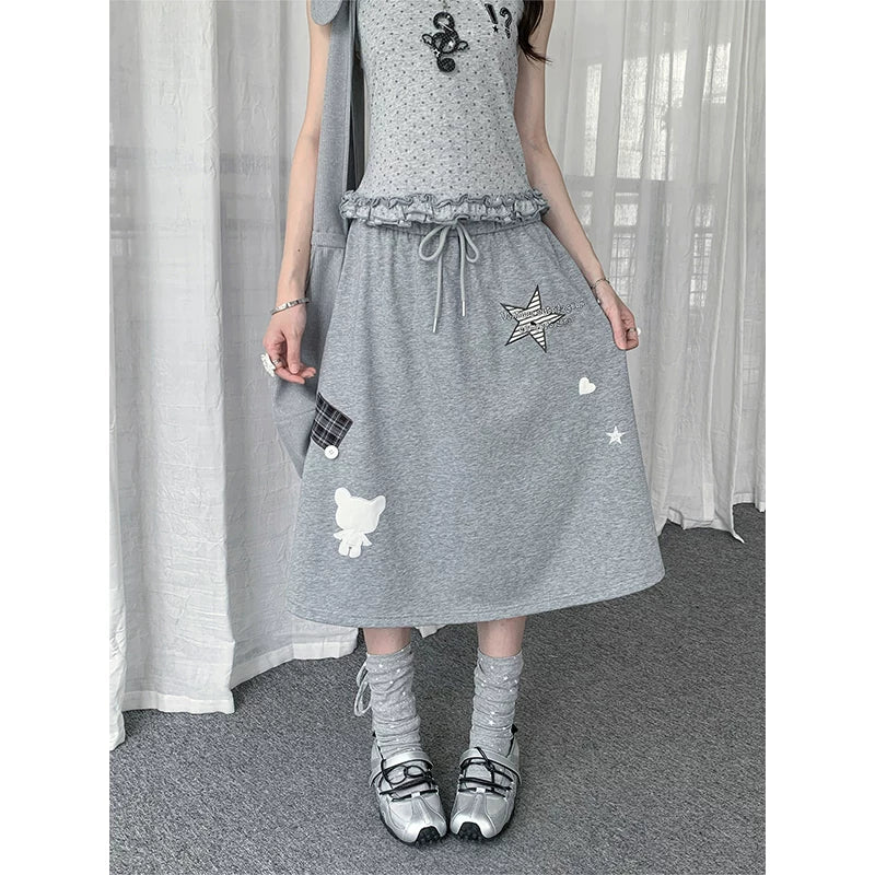 Y2K CARTOON EMBROIDERED MIDI SKIRT