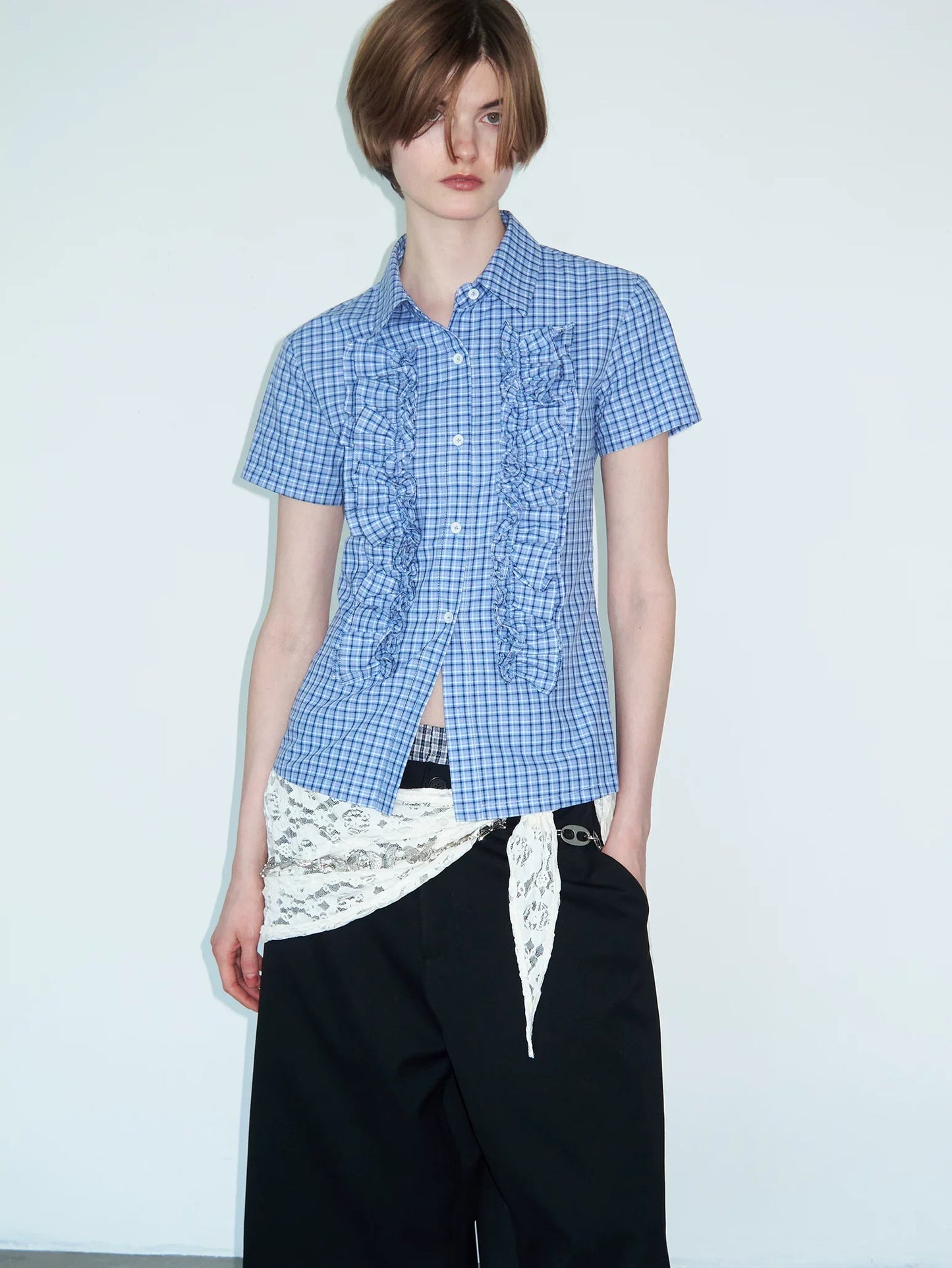 LACE-TRIMMED CHECK SHIRT