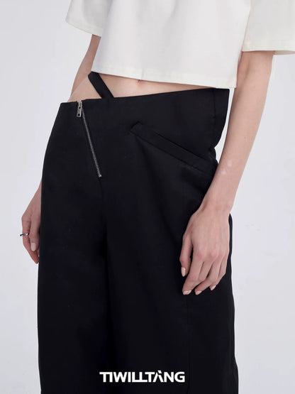DIAGONAL-WAIST WIDE-LEG PANTS