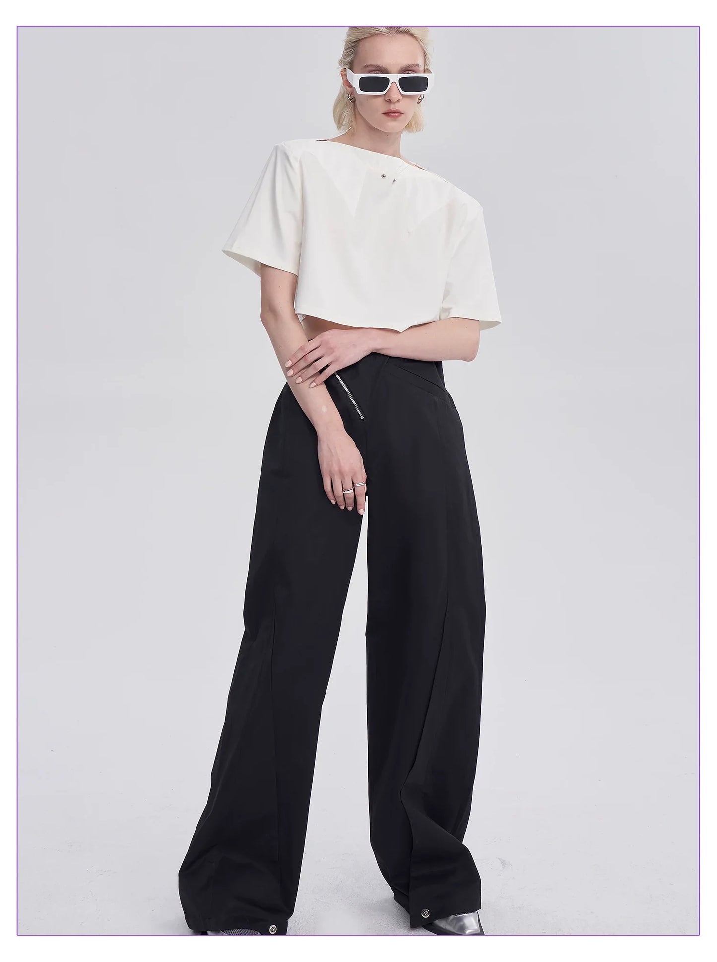 DIAGONAL-WAIST WIDE-LEG PANTS