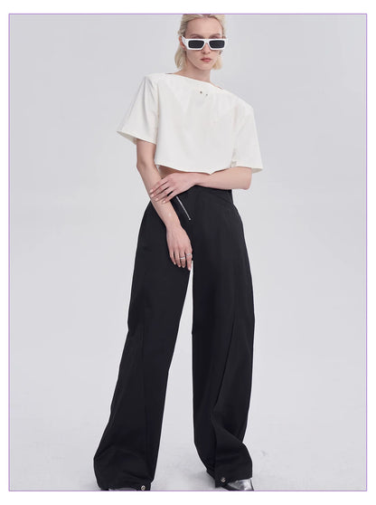 DIAGONAL-WAIST WIDE-LEG PANTS