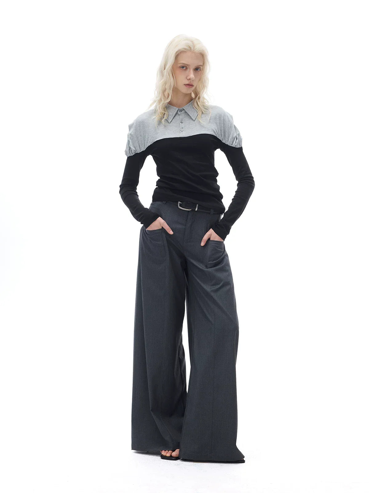 RELAXED GRAY PLEATED WIDE-LEG PANTS