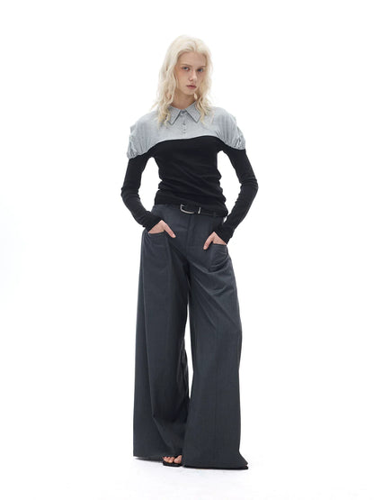 RELAXED GRAY PLEATED WIDE-LEG PANTS