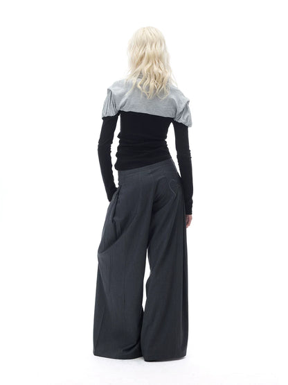 RELAXED GRAY PLEATED WIDE-LEG PANTS