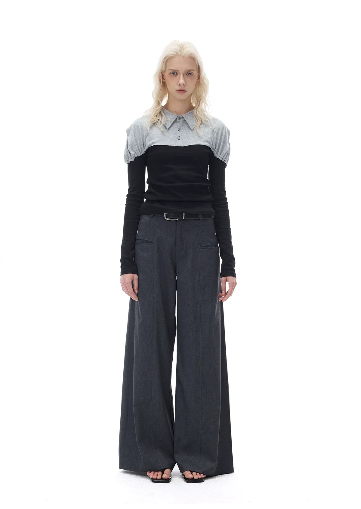 RELAXED GRAY PLEATED WIDE-LEG PANTS