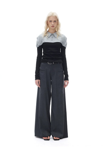 RELAXED GRAY PLEATED WIDE-LEG PANTS