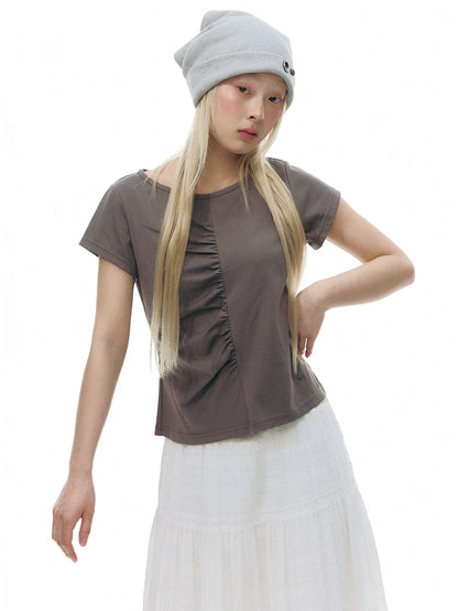 PLEATED ROUND NECK COTTON T-SHIRT