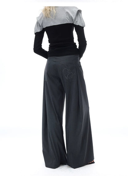 RELAXED GRAY PLEATED WIDE-LEG PANTS