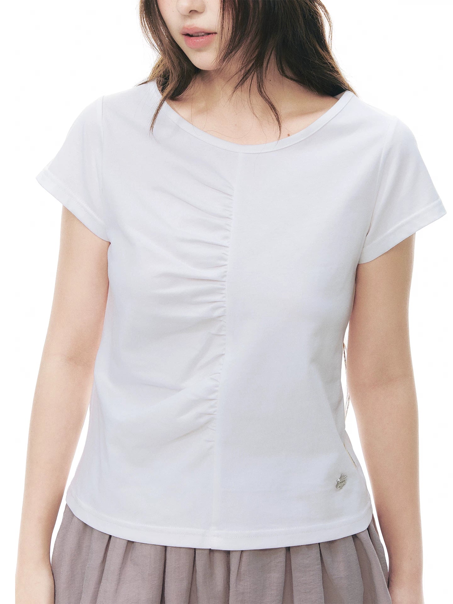 PLEATED ROUND NECK COTTON T-SHIRT