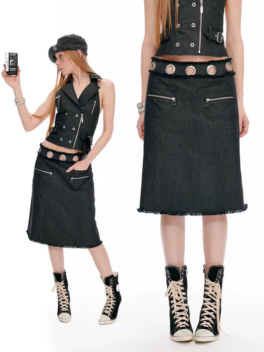 DENIM BUSTIER SKIRT WITH ZIPPERS