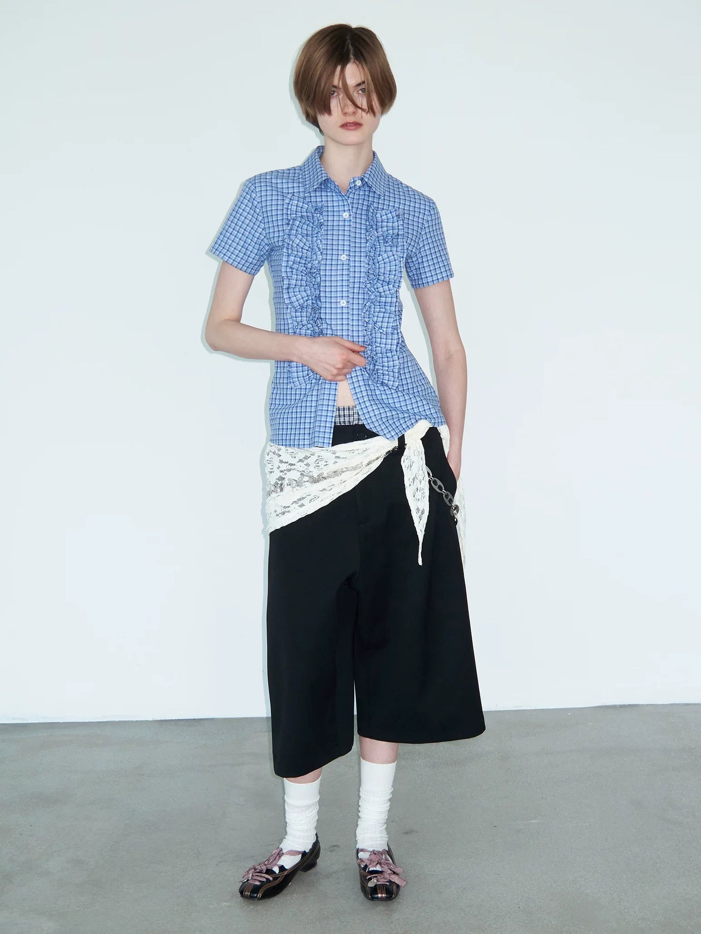 LACE-TRIMMED CHECK SHIRT