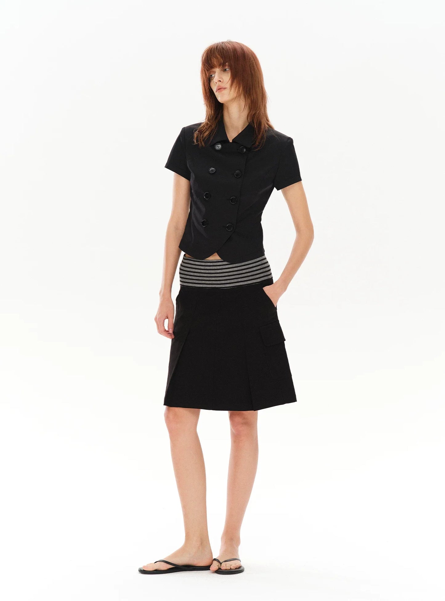 PLEATED STRIPED A-LINE MIDI SKIRT