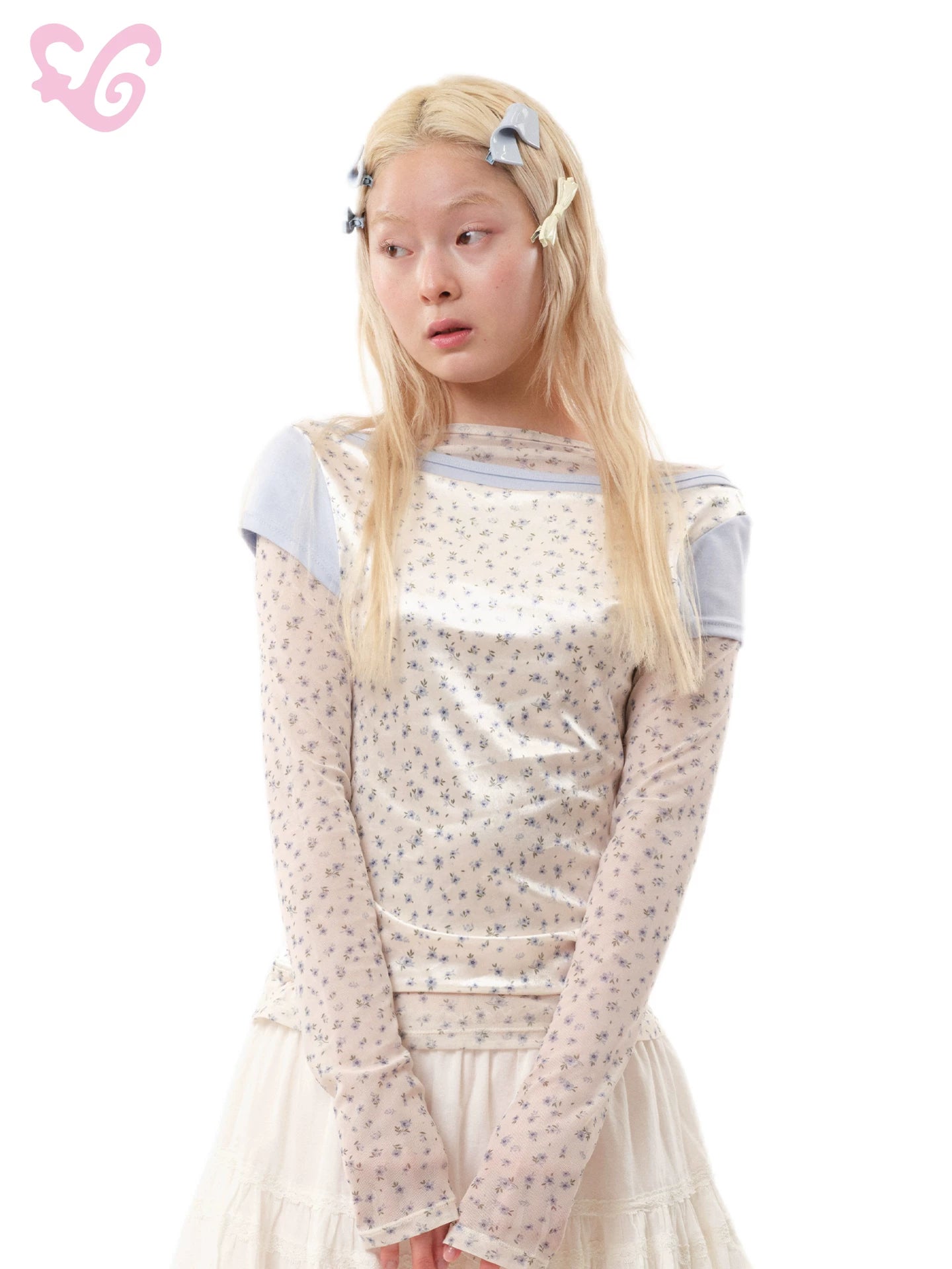 FLORAL MESH VELVET T-SHIRT SET