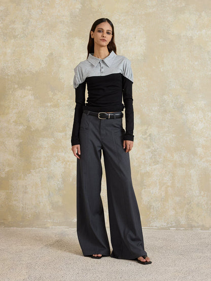 RELAXED GRAY PLEATED WIDE-LEG PANTS