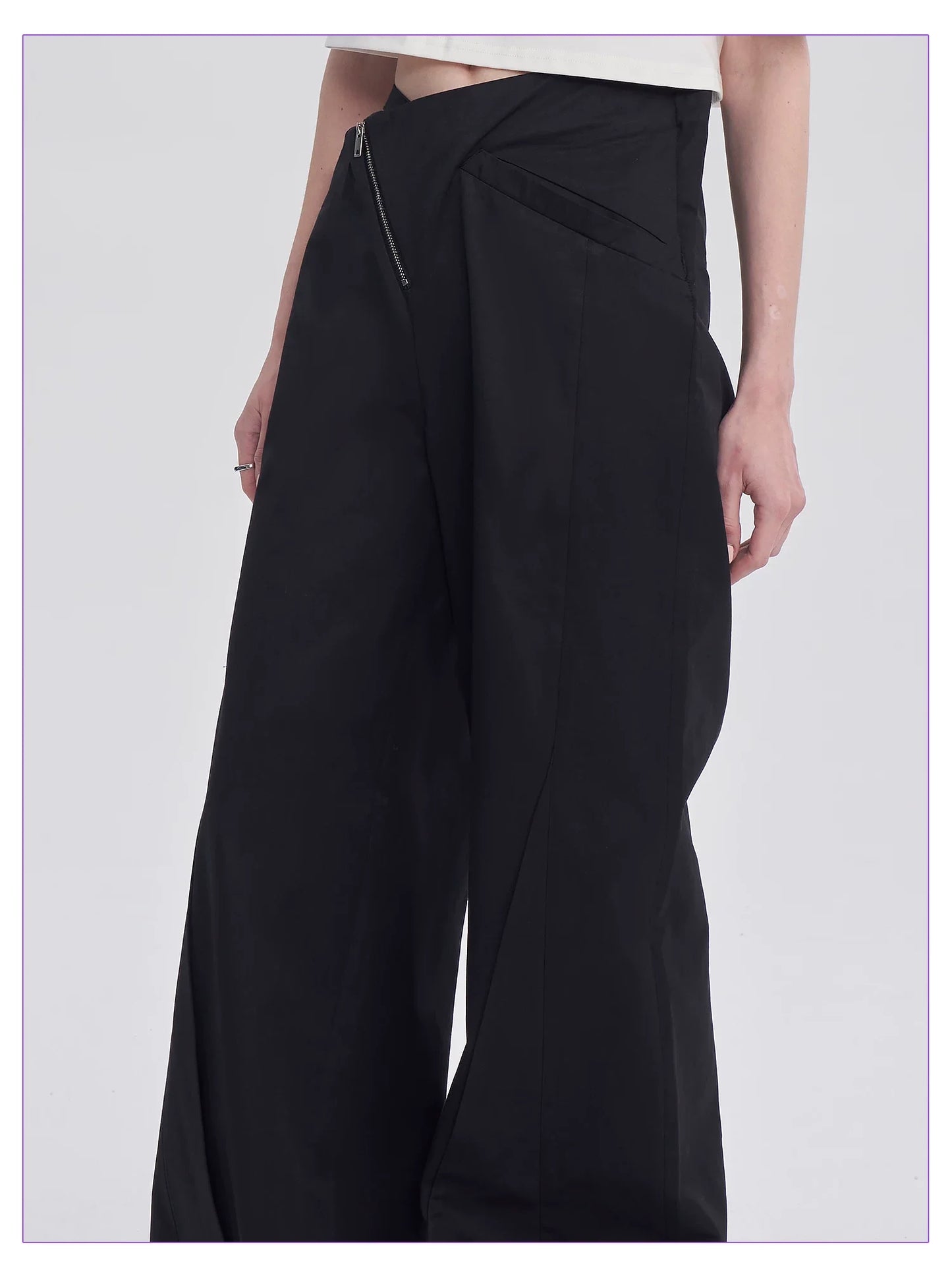 DIAGONAL-WAIST WIDE-LEG PANTS