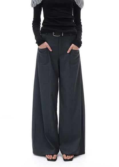 RELAXED GRAY PLEATED WIDE-LEG PANTS