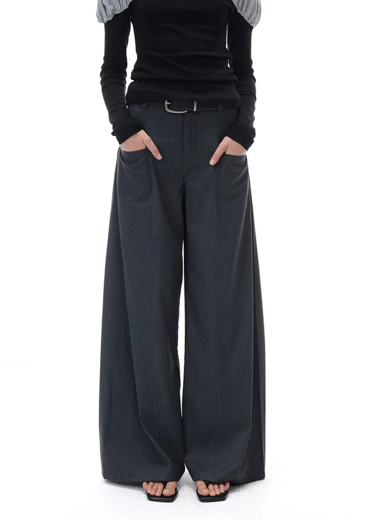 RELAXED GRAY PLEATED WIDE-LEG PANTS