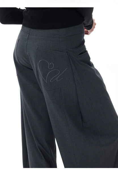 RELAXED GRAY PLEATED WIDE-LEG PANTS