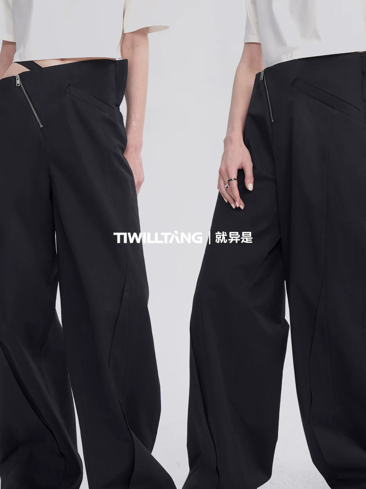 DIAGONAL-WAIST WIDE-LEG PANTS