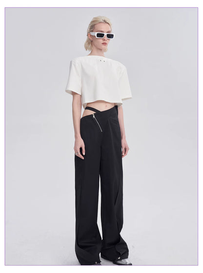 DIAGONAL-WAIST WIDE-LEG PANTS