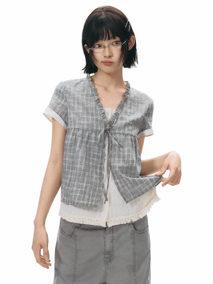 PLAID V-NECK TIE CARDIGAN SHIRT