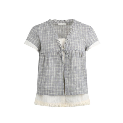 PLAID V-NECK TIE CARDIGAN SHIRT