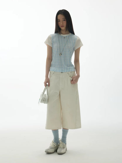 PLAID SPLICING SHORT SLEEVE TOP