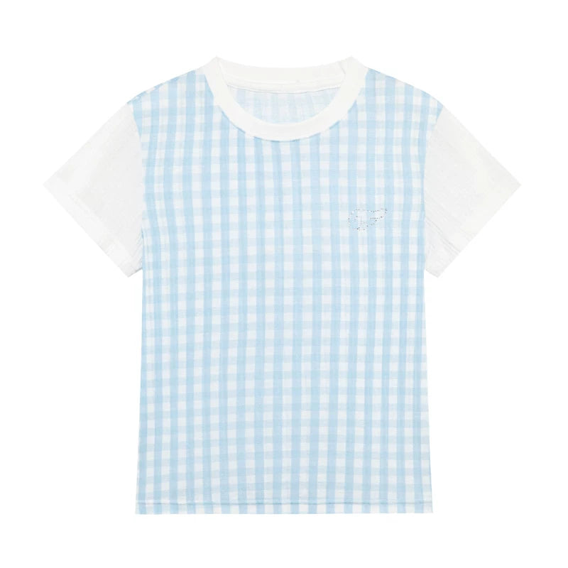 PLAID SPLICING SHORT SLEEVE TOP
