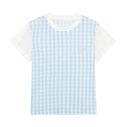 PLAID SPLICING SHORT SLEEVE TOP