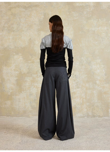 RELAXED GRAY PLEATED WIDE-LEG PANTS