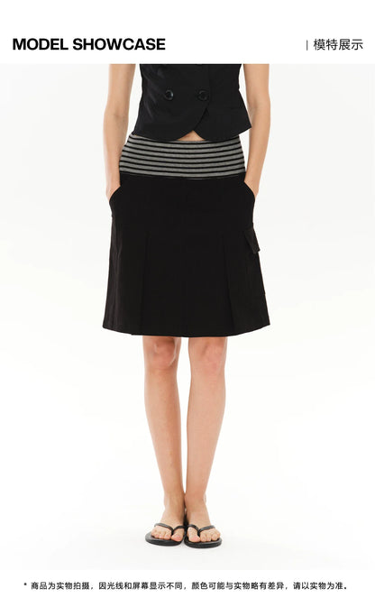 PLEATED STRIPED A-LINE MIDI SKIRT