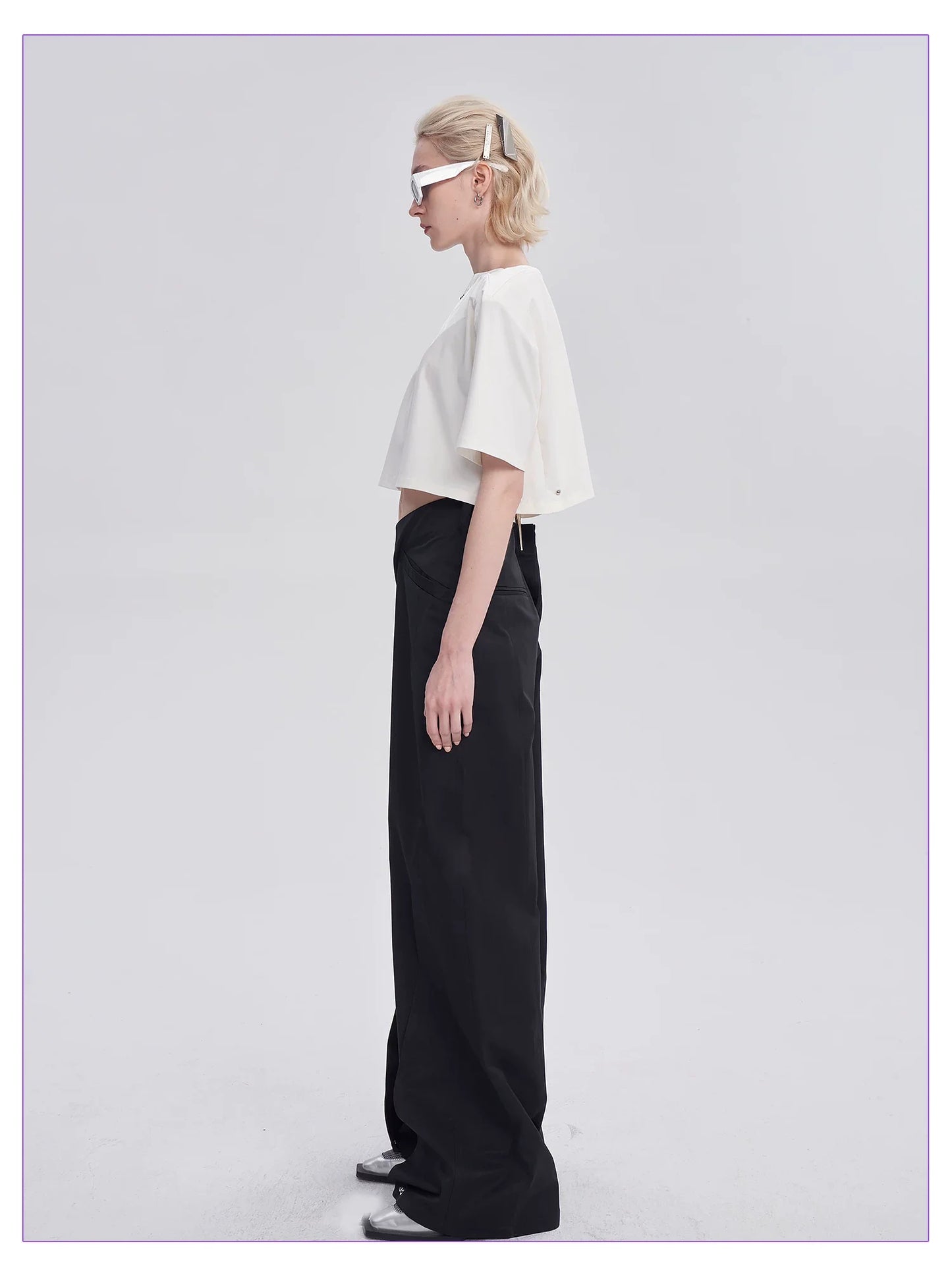 DIAGONAL-WAIST WIDE-LEG PANTS
