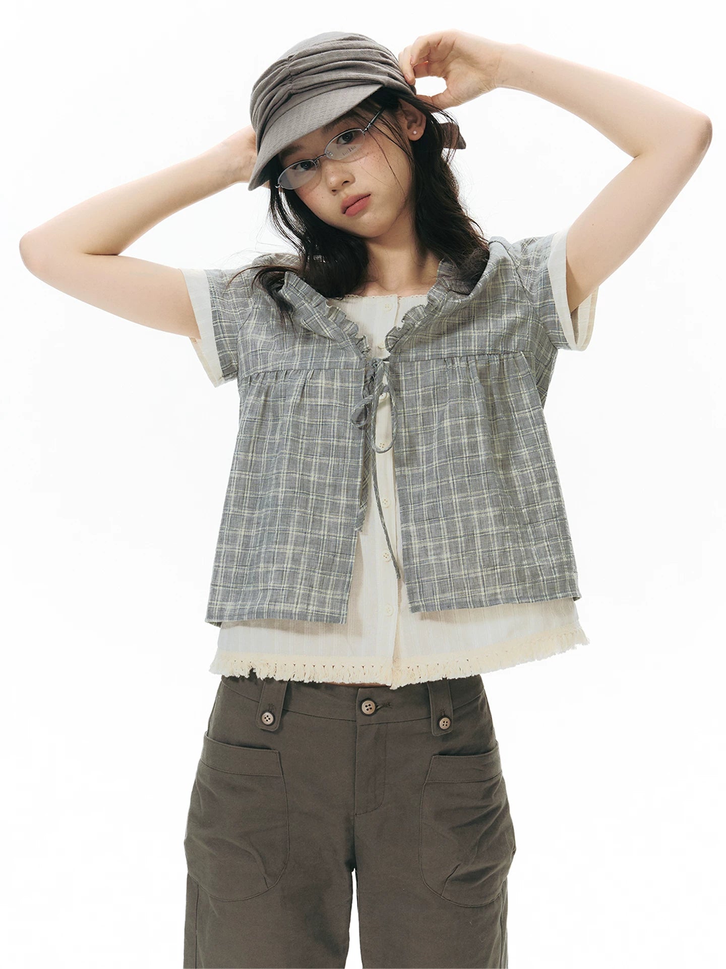 PLAID V-NECK TIE CARDIGAN SHIRT