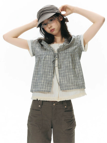 PLAID V-NECK TIE CARDIGAN SHIRT