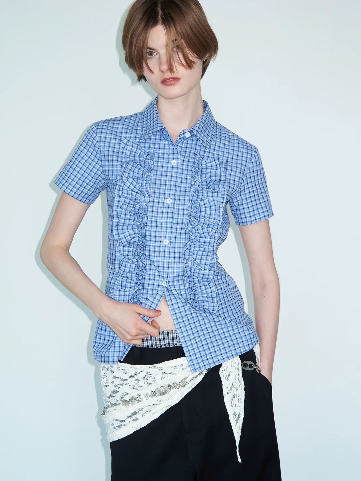 LACE-TRIMMED CHECK SHIRT