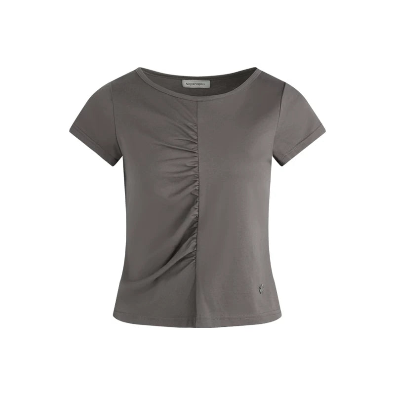 PLEATED ROUND NECK COTTON T-SHIRT